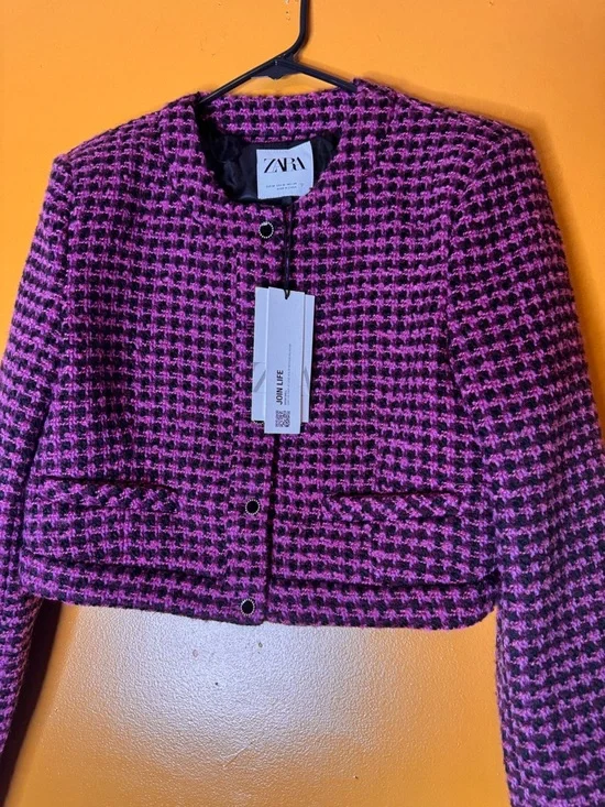 NWT ZARA Pink Houndstooth Cropped Fitted Tweed Jacket/ Blazer. Size M - Picture 9 of 14